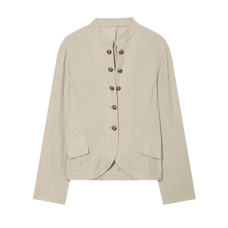 Women Boxy Linen Blazer with Stand Collar, Decorative Button Placket and Patch Pockets Fashion Glam