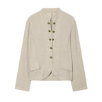 Women Boxy Linen Blazer with Stand Collar, Decorative Button Placket and Patch Pockets Fashion Glam