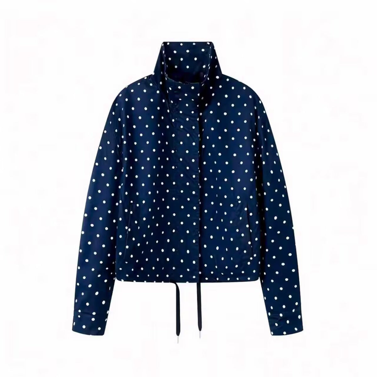 Women's Short Dotted Rain Jacket with Stand-Up Collar and Drawstring Fashion Glam