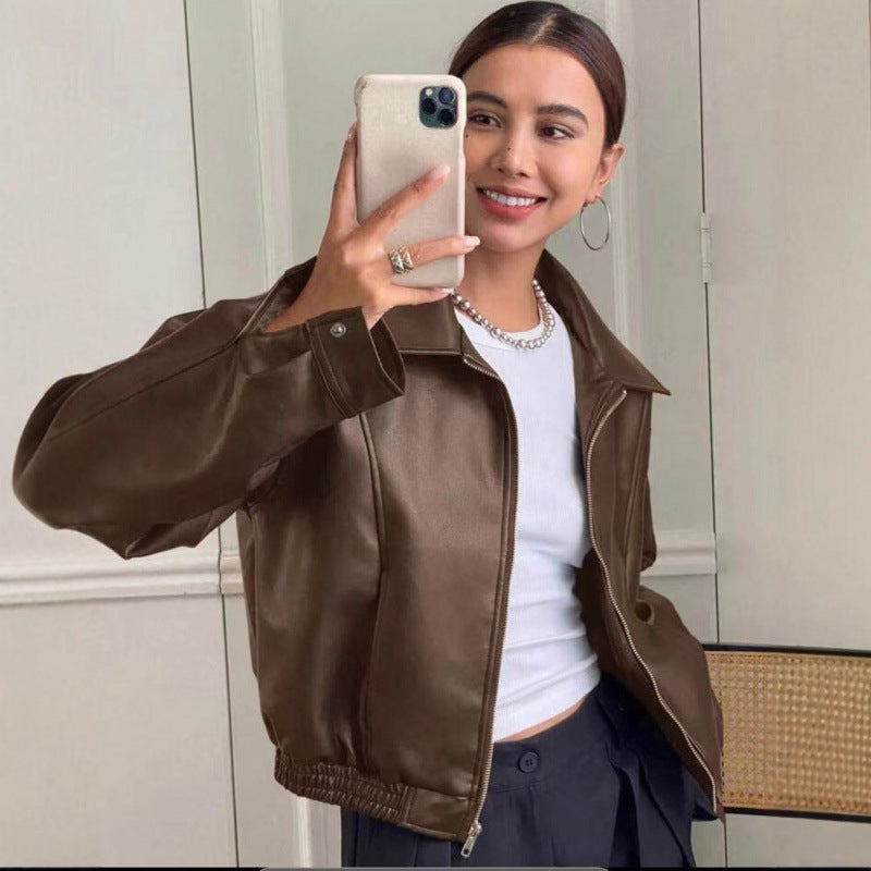 Women's Oversized Leather Jacket in Bomber Style with Elastic Hem Fashion Glam