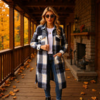 Women Checkered Longline Shirt Jacket Coat with Patch Pockets Fashion Glam