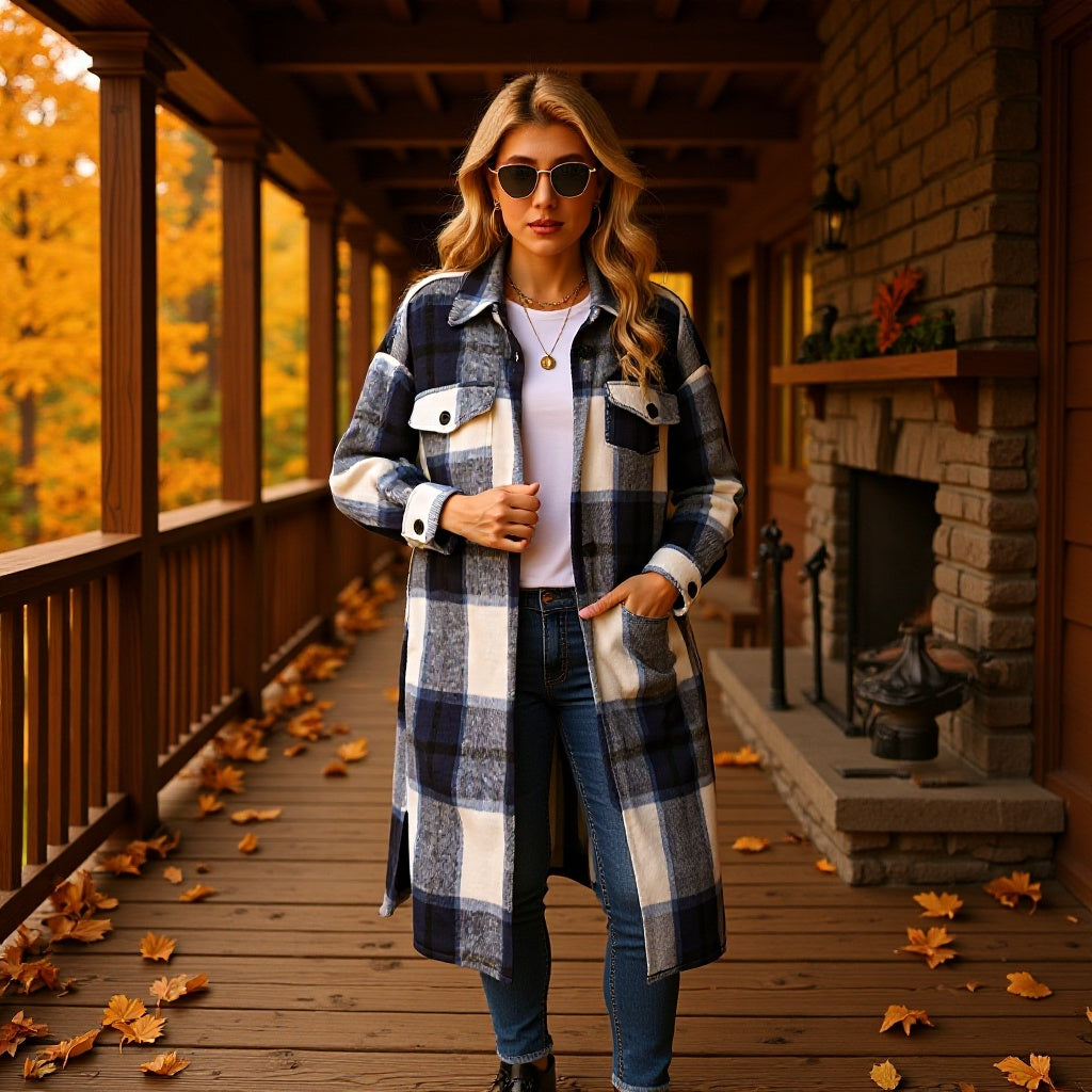 Women Checkered Longline Shirt Jacket Coat with Patch Pockets Fashion Glam