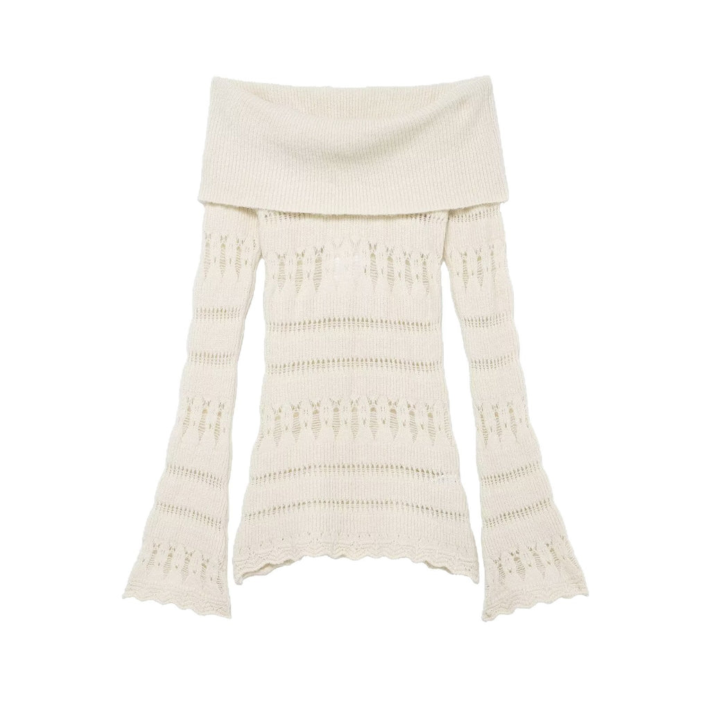 Women's Off-Shoulder Fine Knit Sweater with Folded Roll Neck and Bell Sleeves Fashion Glam