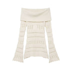 Women's Off-Shoulder Fine Knit Sweater with Folded Roll Neck and Bell Sleeves Fashion Glam