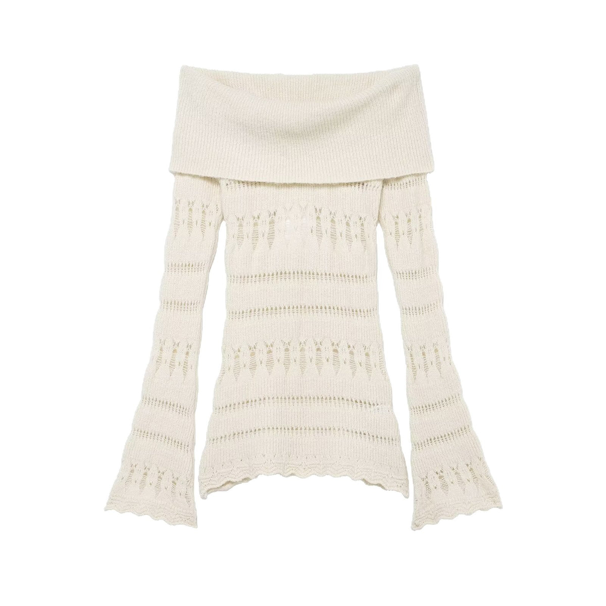 Women's Off-Shoulder Fine Knit Sweater with Folded Roll Neck and Bell Sleeves Fashion Glam