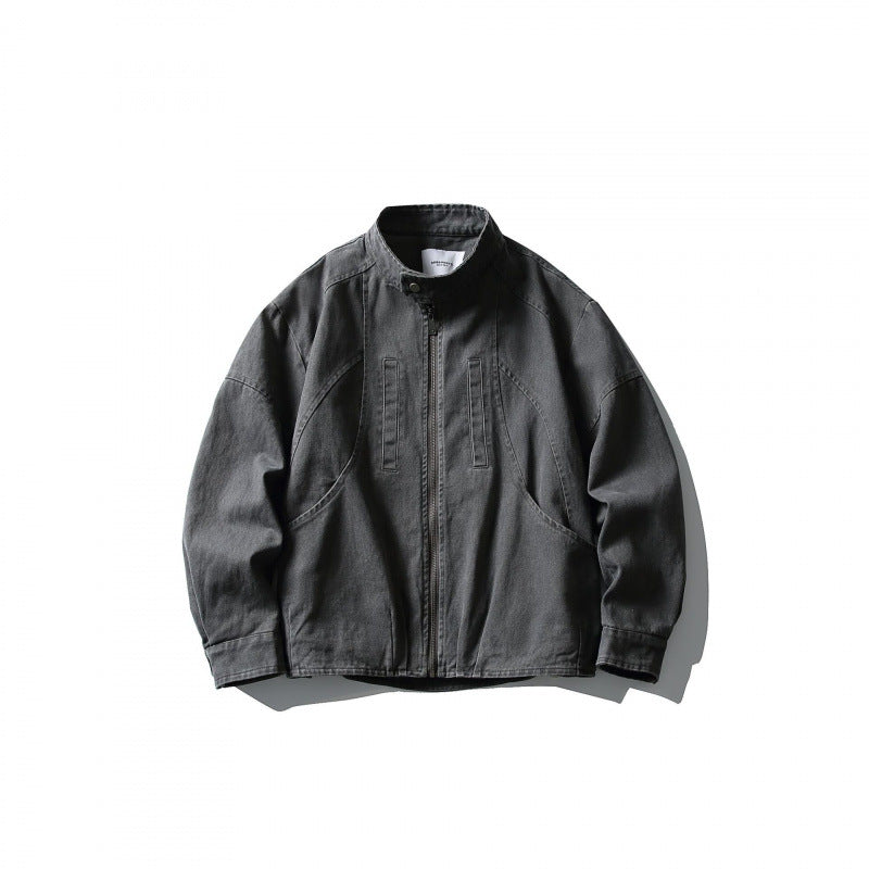 Men's Lightweight Worker Jacket made of Stonewashed Cotton Blend with Stand Collar Fashion Glam