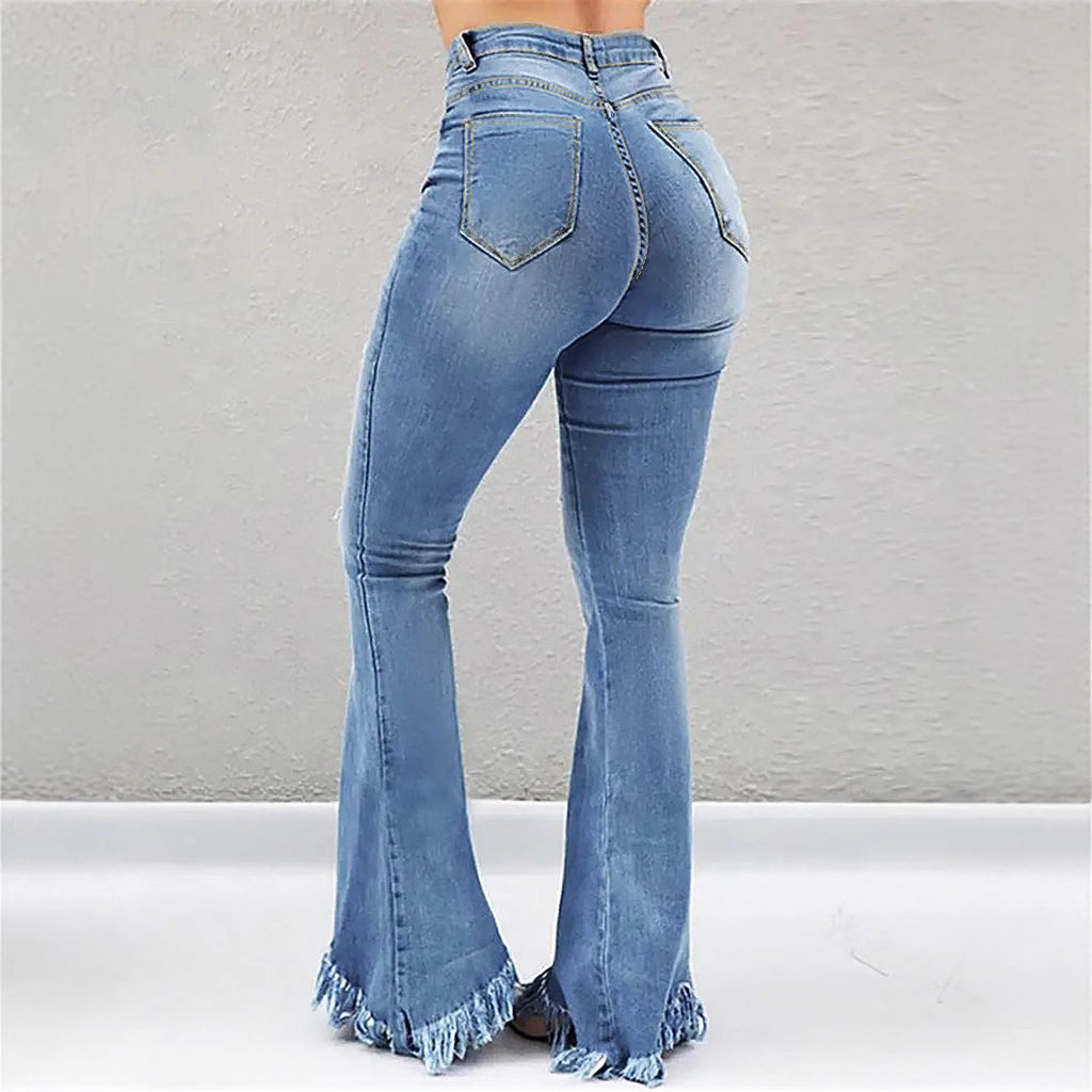 Women High-Waist Flared-Jeans with sculpting cut, destroyed knee parts and frayed ruffle hem Fashion Glam
