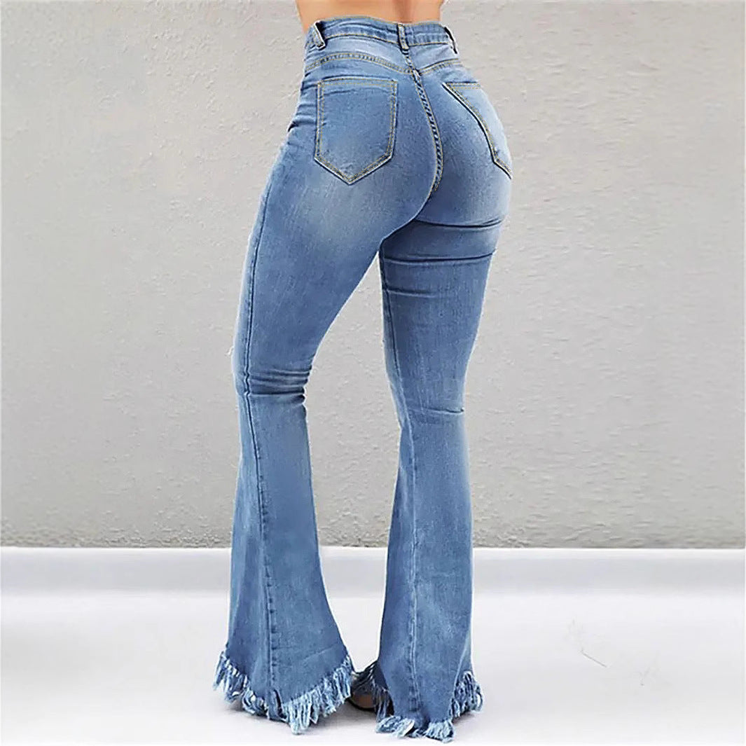 Women High-Waist Flared-Jeans with sculpting cut, destroyed knee parts and frayed ruffle hem Fashion Glam
