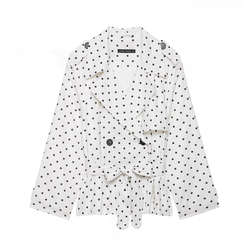 Women Polka Dot Cropped Trench Coat with Tie Belt Fashion Glam