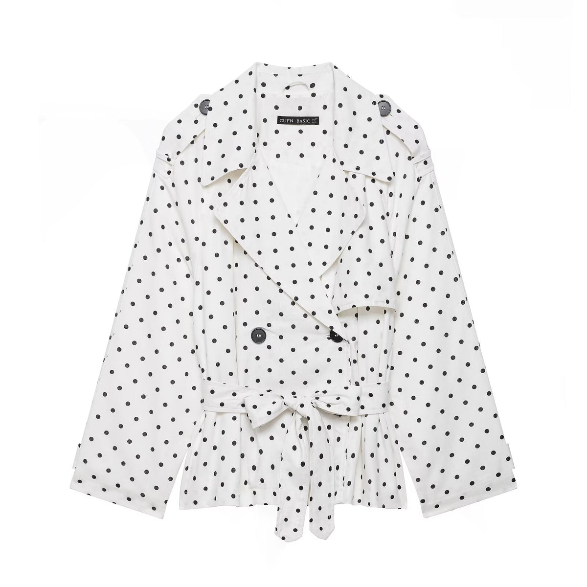 Women Polka Dot Cropped Trench Coat with Tie Belt Fashion Glam