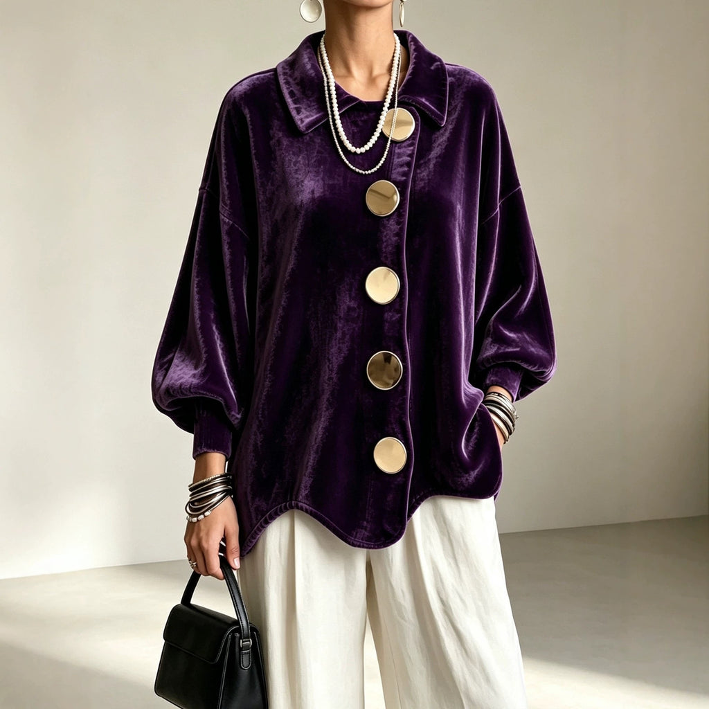 Women's Oversized Velvet Jacket with Large Decorative Buttons and Balloon Sleeves Fashion Glam