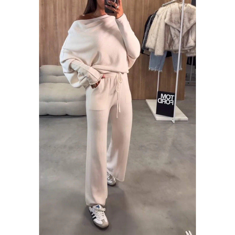 Women's Knit Loungewear Set with Oversized Shoulder, Wide Leg and Drawstring Fashion Glam