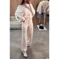 Women's Knit Loungewear Set with Oversized Shoulder, Wide Leg and Drawstring Fashion Glam