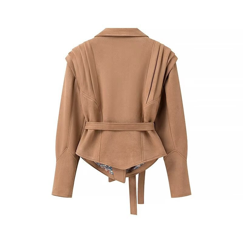 Women's Tailored Suede Wrap Blazer with Padded Shoulders and Tie Belt Fashion Glam
