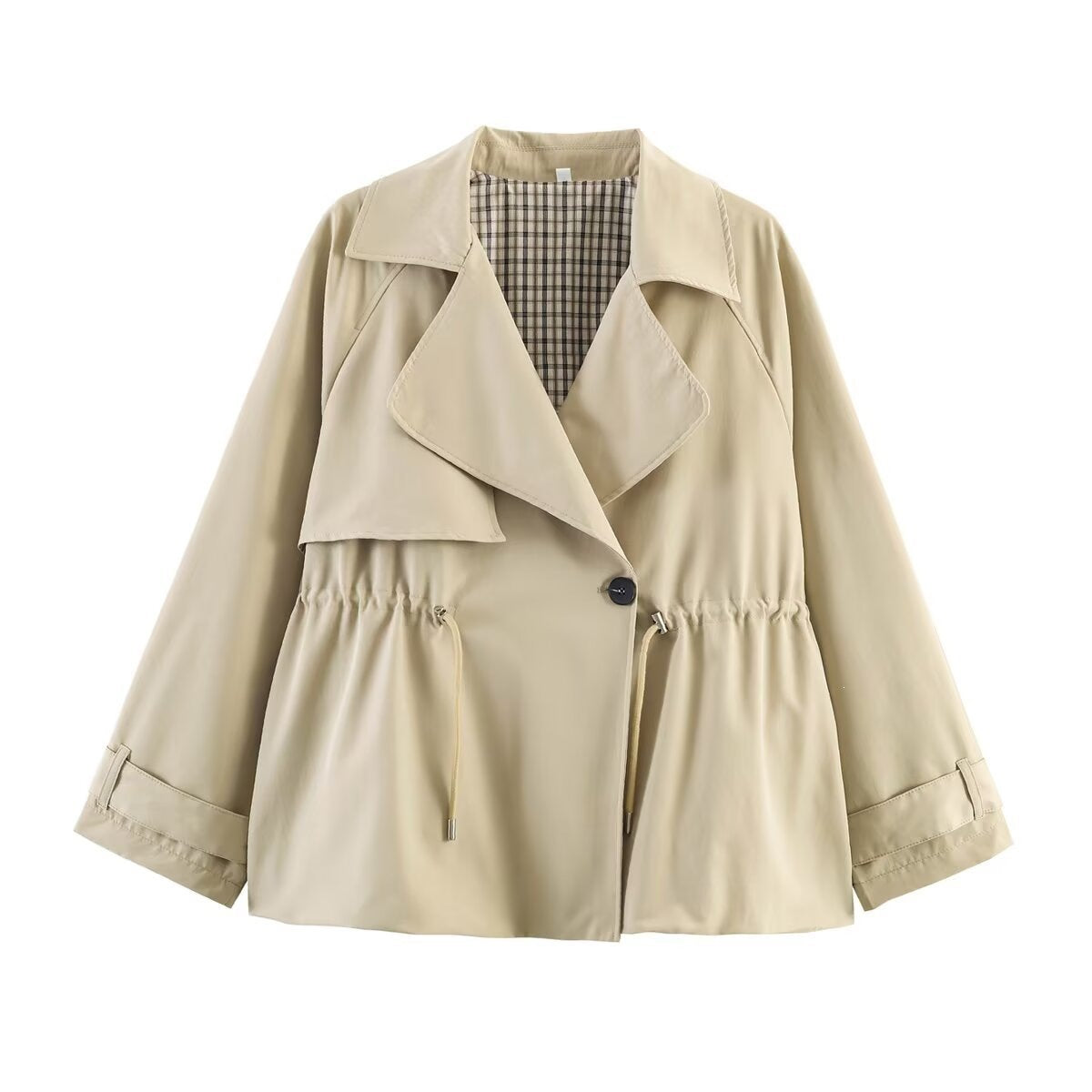 Women's short trench-style jacket with drawstring waist and check lining Fashion Glam