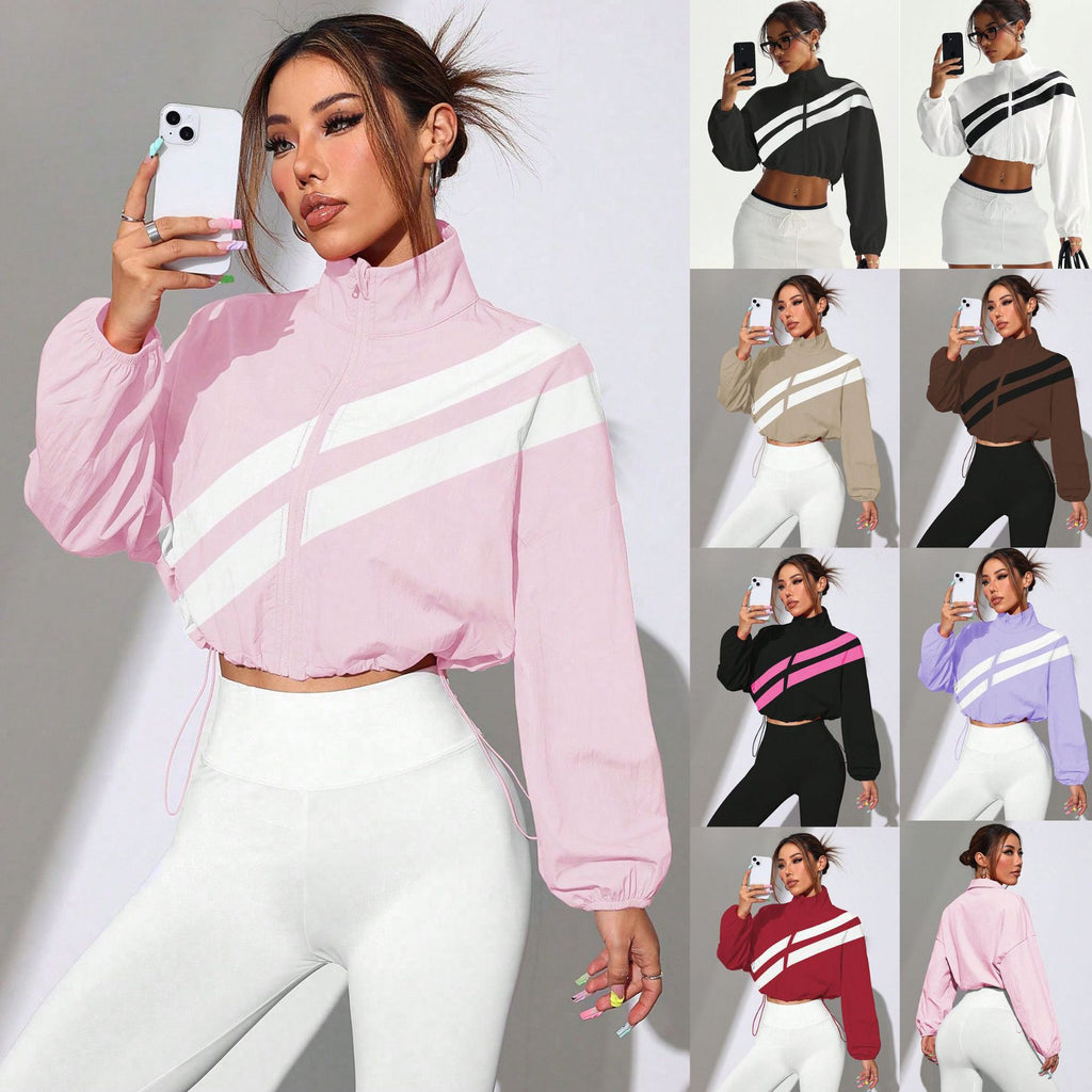 Women's Cropped Windbreaker with Stand-up Collar, Zipper and Drawstring Waist Fashion Glam