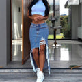 Women's High-Cut Denim Midi Skirt with Deep Front Slit, Destroyed Detail and Raw Fringe Hem Fashion Glam