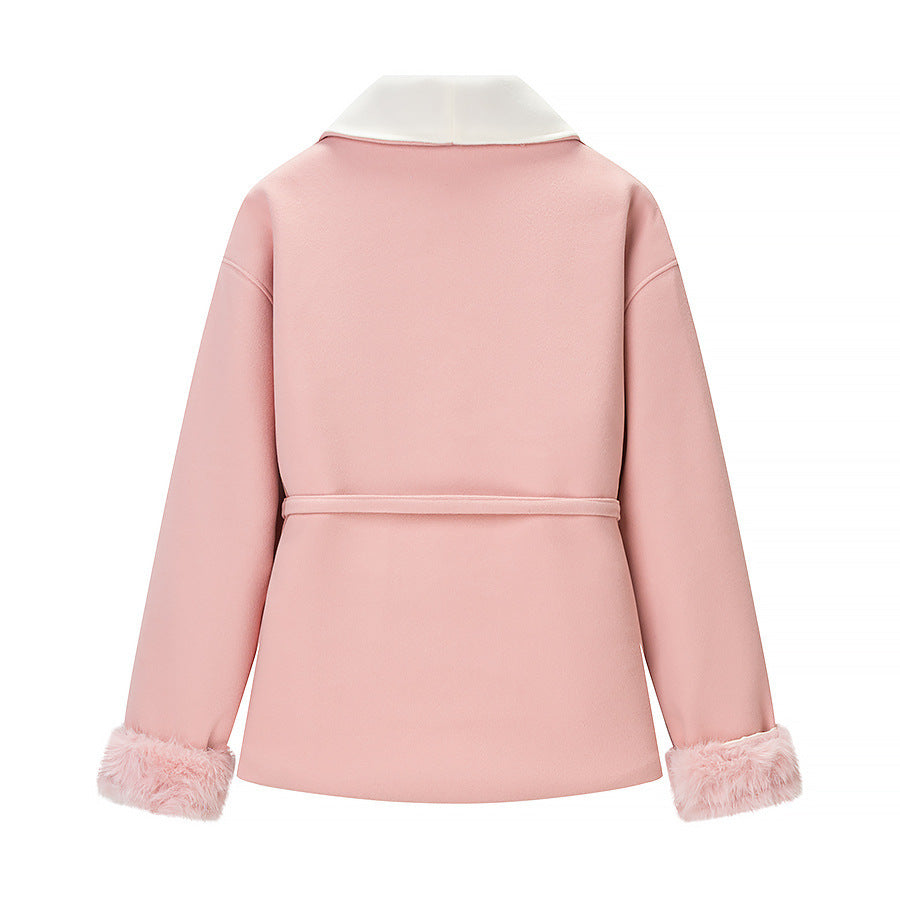 Women's short jacket with wrap belt, wide shawl collar and faux fur cuffs Fashion Glam
