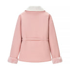 Women's short jacket with wrap belt, wide shawl collar and faux fur cuffs Fashion Glam