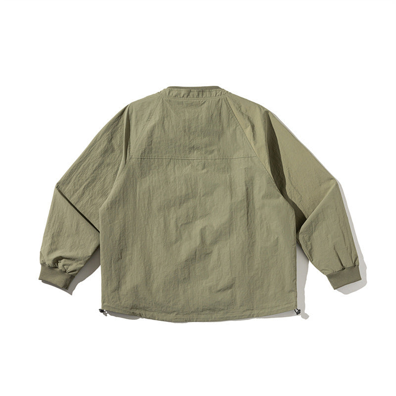 Unisex Lightweight Boxy Field Jacket without Collar with Raglan Sleeves, Patch Flap Pockets and Drawstring Fashion Glam