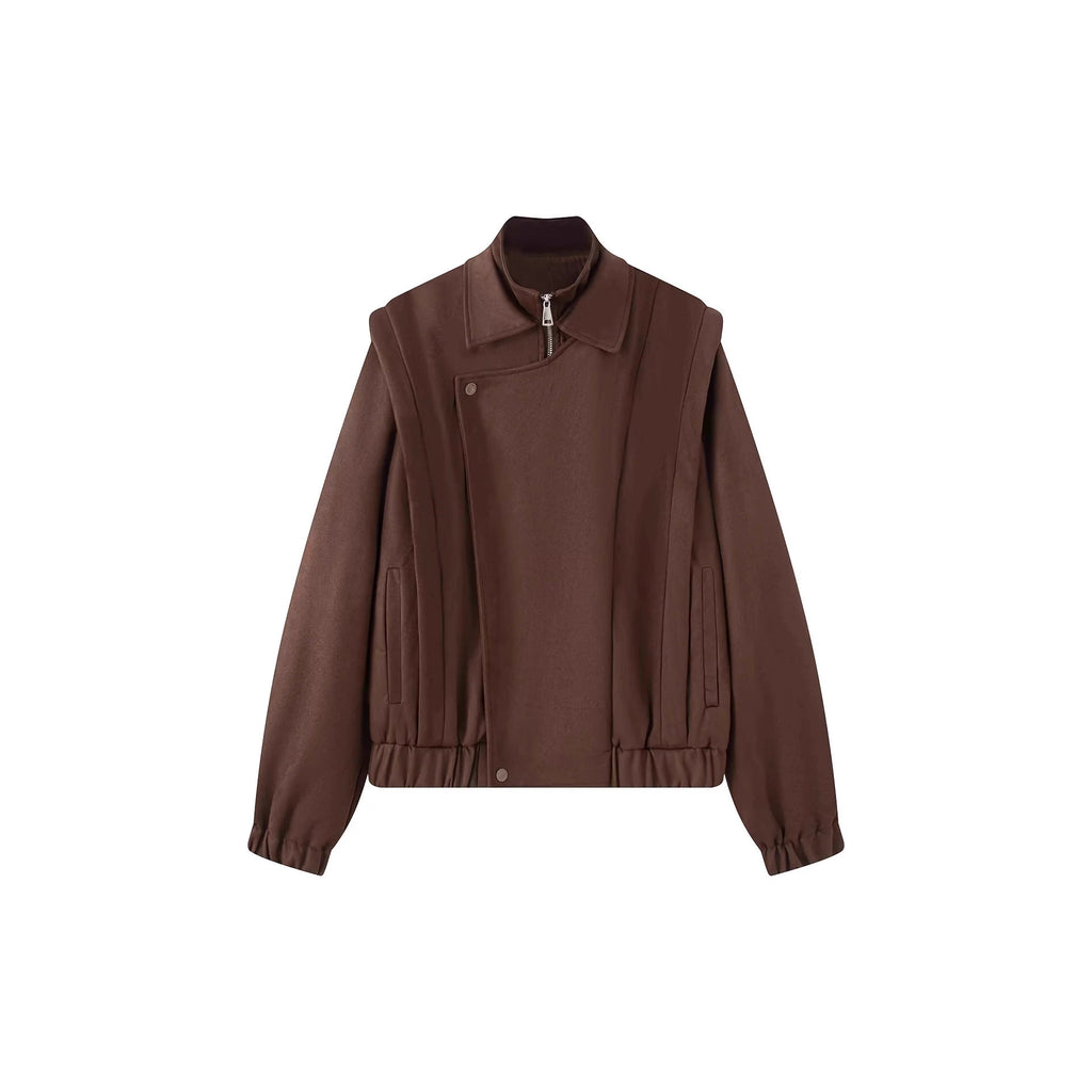 Women's short wool bomber jacket with asymmetrical zipper, stand-up collar, and elastic hem Fashion Glam