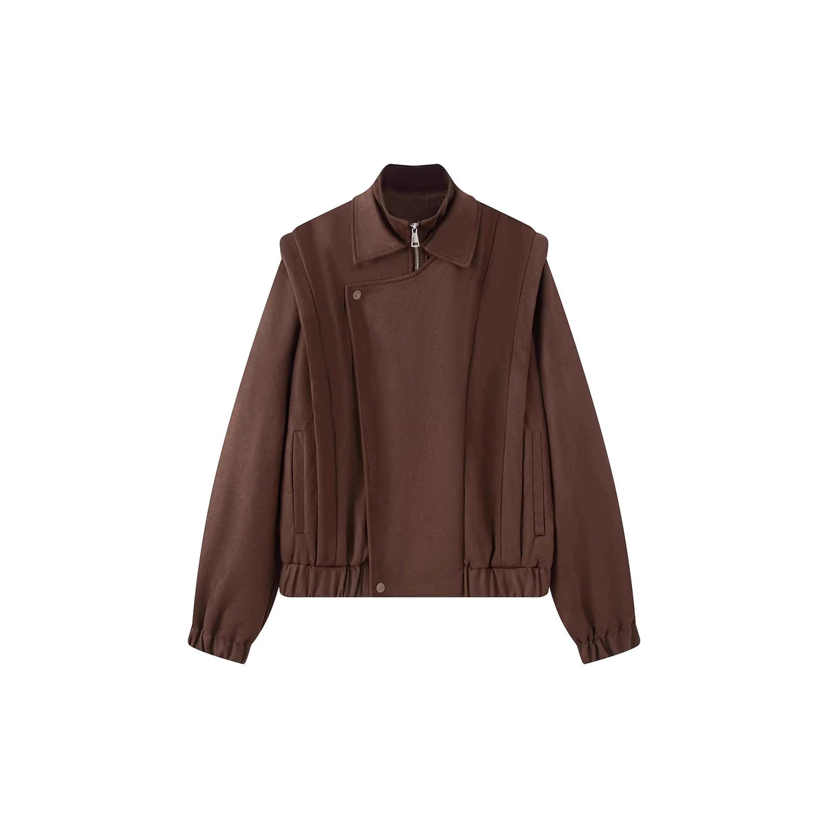 Women's short wool bomber jacket with asymmetrical zipper, stand-up collar, and elastic hem Fashion Glam