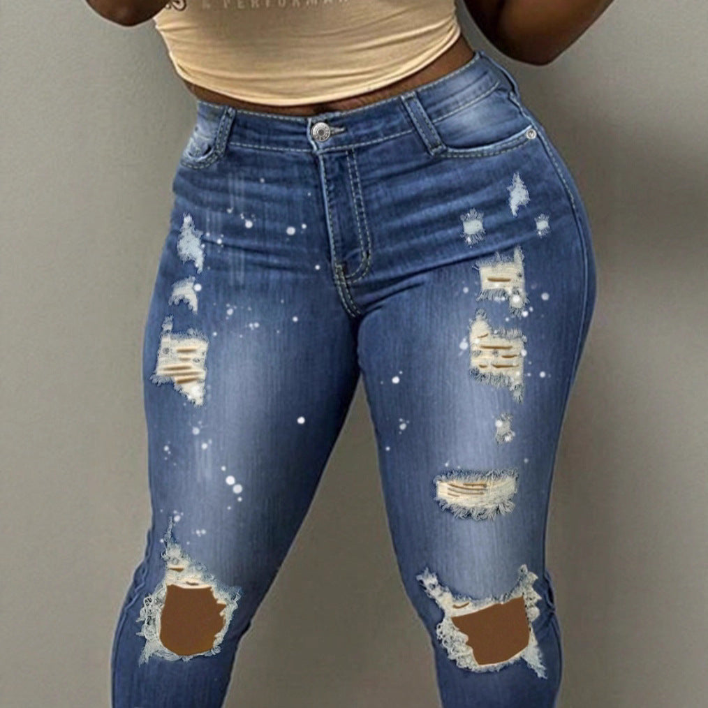 Women High-waisted ripped Skinny Jeans with Sculpting effect and color splashes Fashion Glam