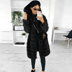 Women's Hooded Faux Fur Coat with Quilted Panel Structure Fashion Glam