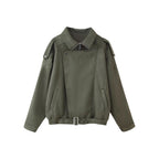 Women's short jacket in biker blouson style with belt and asymmetrical flap Fashion Glam