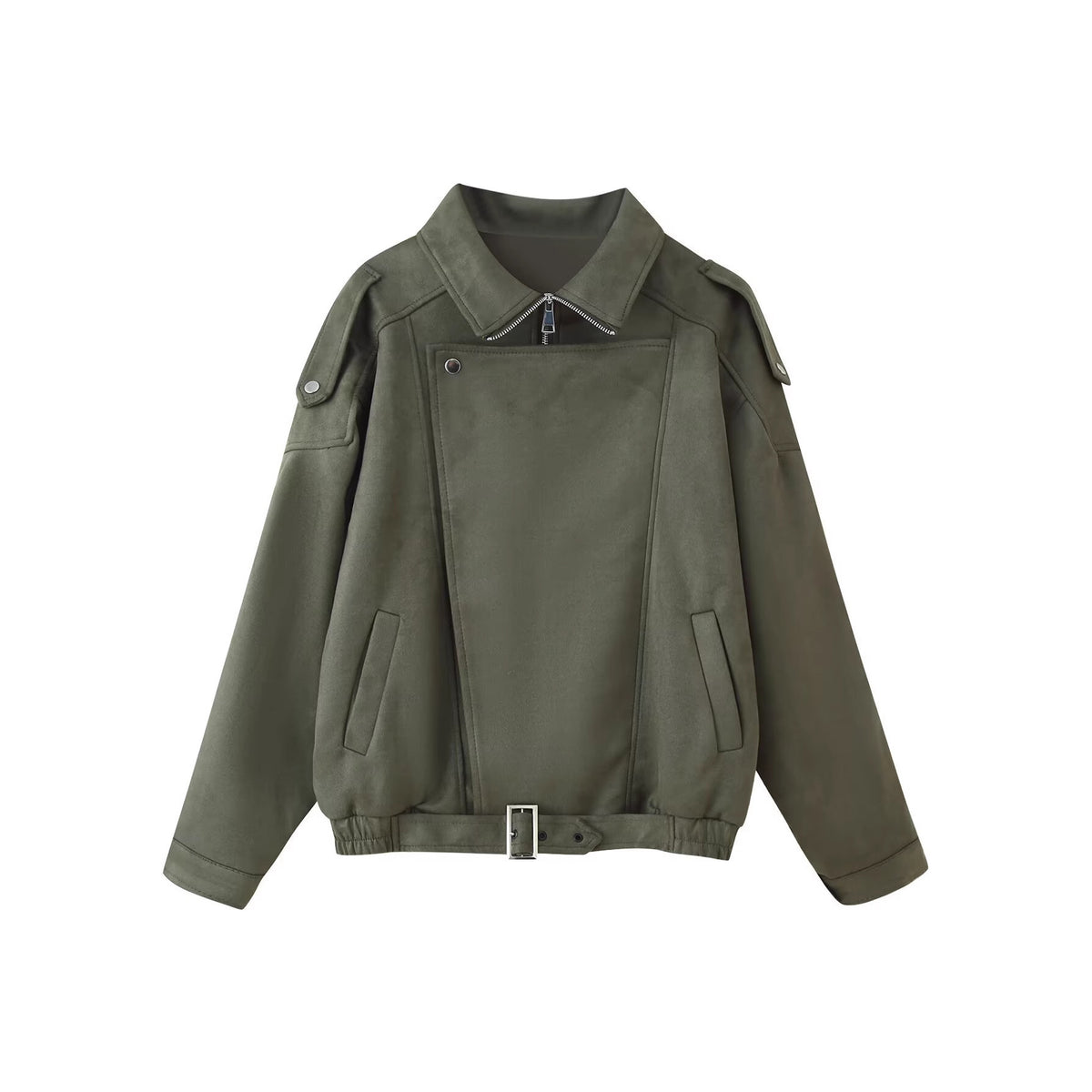 Women's short jacket in biker blouson style with belt and asymmetrical flap Fashion Glam