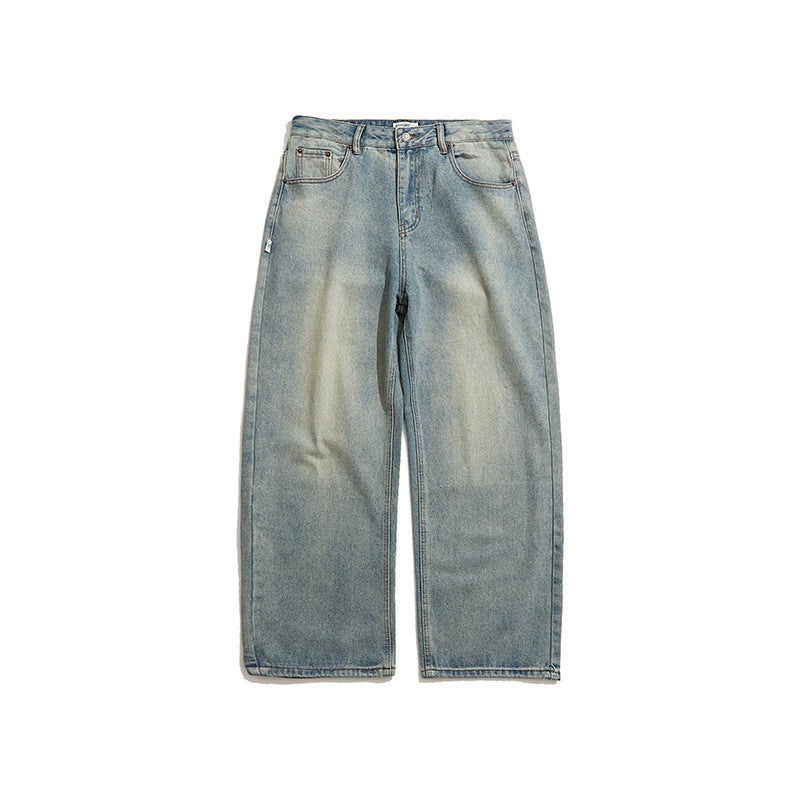 Men's Wide Cropped Baggy Jeans with High Waist and Vintage Wash Fashion Glam