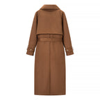 Women Longer Double-Breasted Coat in Velvet Look with Waist Belt and Turn-Up Sleeves Fashion Glam
