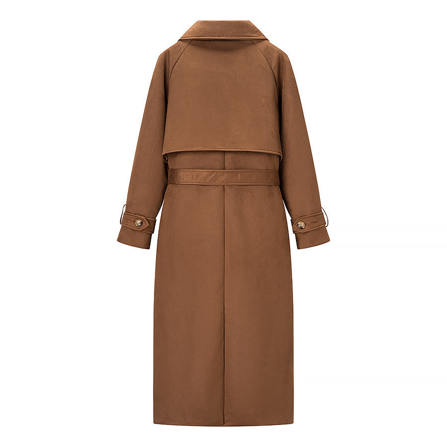 Women Longer Double-Breasted Coat in Velvet Look with Waist Belt and Turn-Up Sleeves Fashion Glam