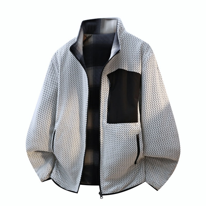 Men's structure fleece jacket with stand-up collar, contrast chest pocket and two-way zipper Fashion Glam