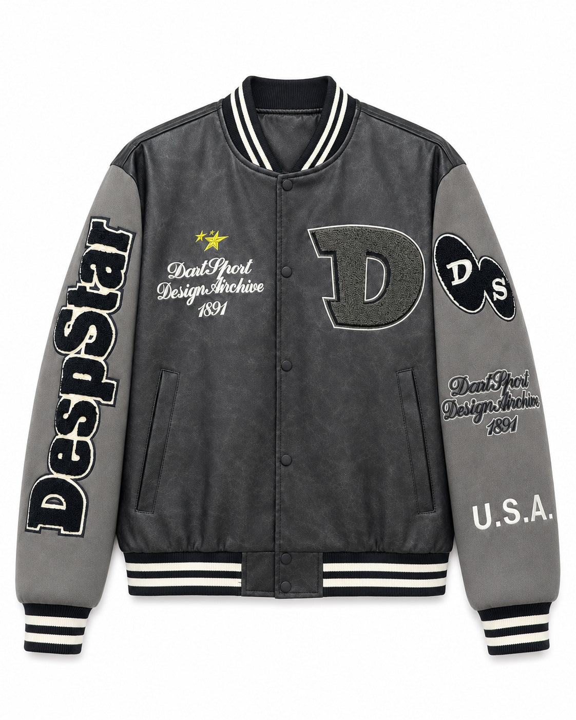 Men's varsity bomber jacket in college style made of faux leather with appliqués Fashion Glam