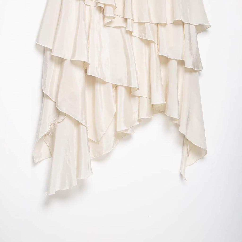 Women's Asymmetrical Tiered Skirt with Ruffles and Flowing Satin Fall Fashion Glam