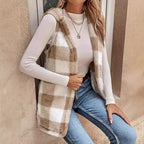 Women Sleeveless Teddy Vest with Hood and Check Pattern Fashion Glam