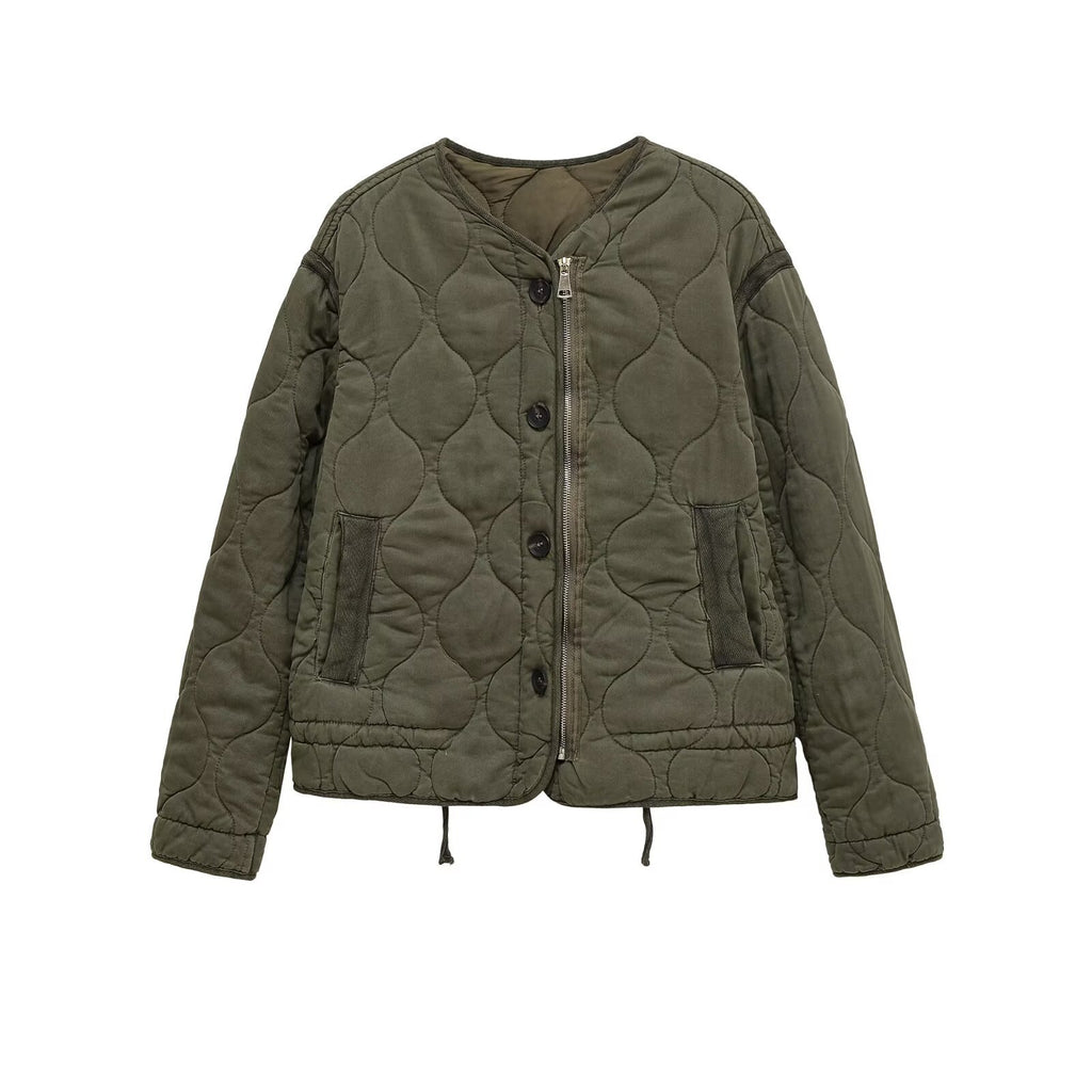 Women quilted transition jacket with zipper and button placket, round neck and drawstring Fashion Glam