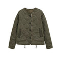 Women quilted transition jacket with zipper and button placket, round neck and drawstring Fashion Glam