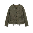 Women quilted transition jacket with zipper and button placket, round neck and drawstring Fashion Glam