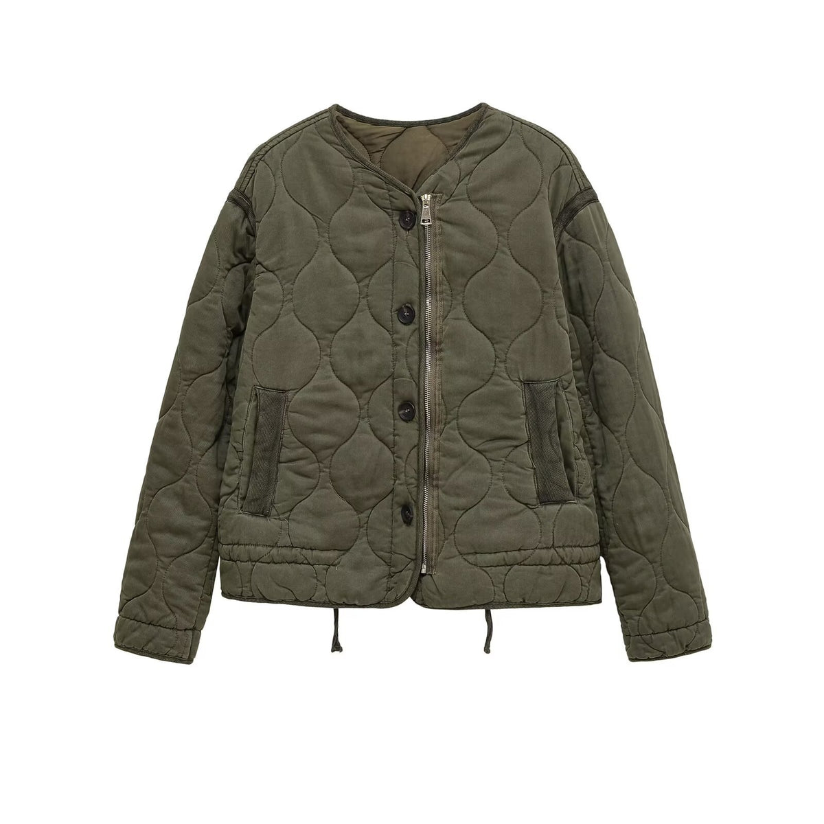 Women quilted transition jacket with zipper and button placket, round neck and drawstring Fashion Glam