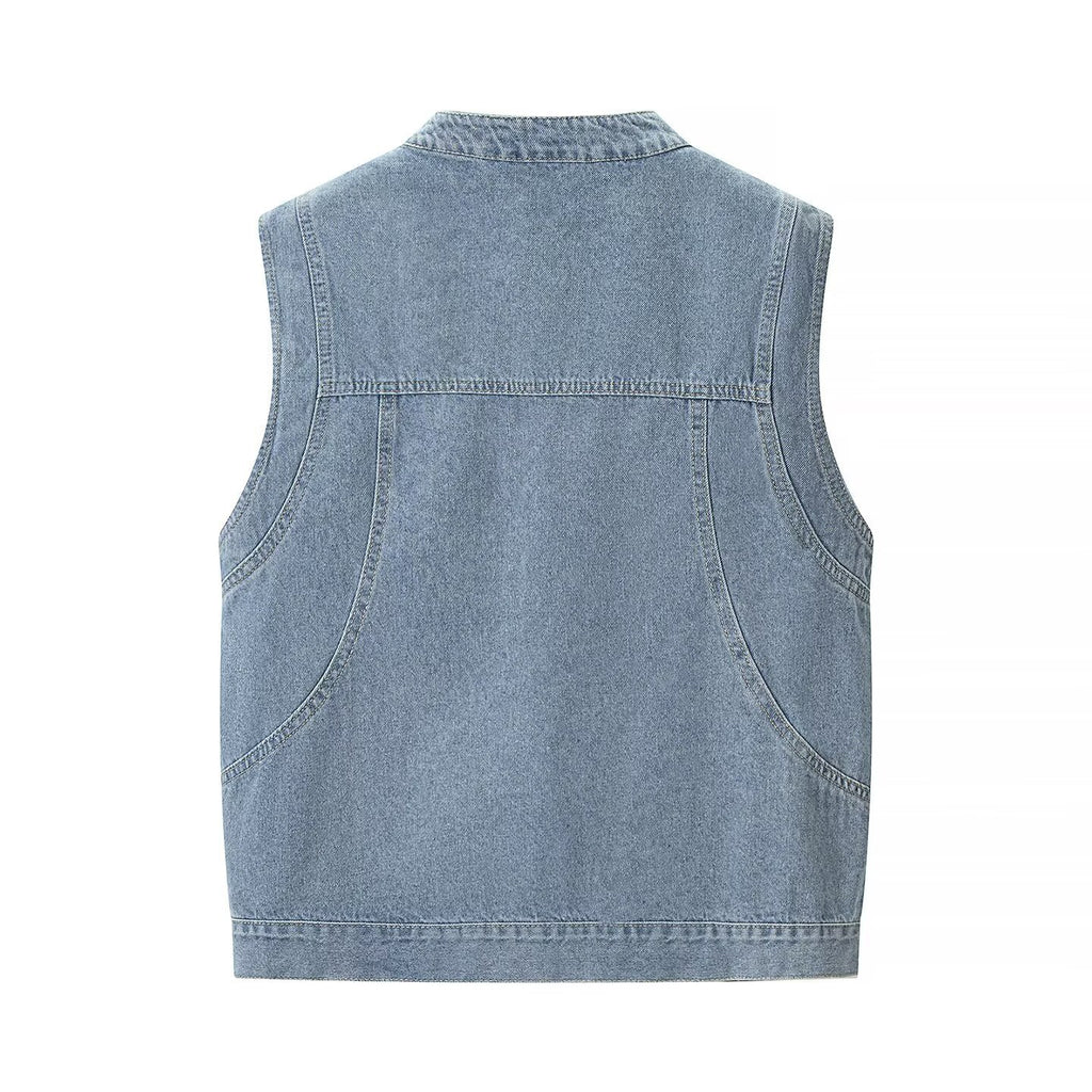 Women's jeans vest with stand-up collar, full-length button placket, and patch pockets Fashion Glam