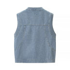 Women's jeans vest with stand-up collar, full-length button placket, and patch pockets Fashion Glam