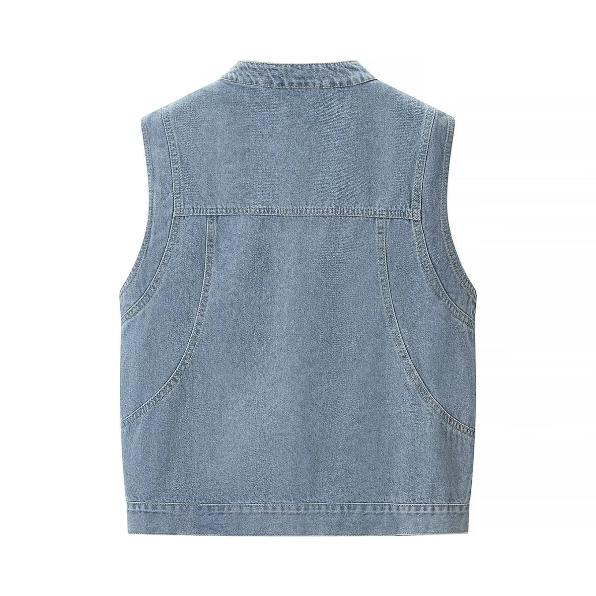 Women's jeans vest with stand-up collar, full-length button placket, and patch pockets Fashion Glam