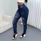 Women High-Waisted Ripped Skinny Jeans with Waist-Shaping Comfort Band Fashion Glam