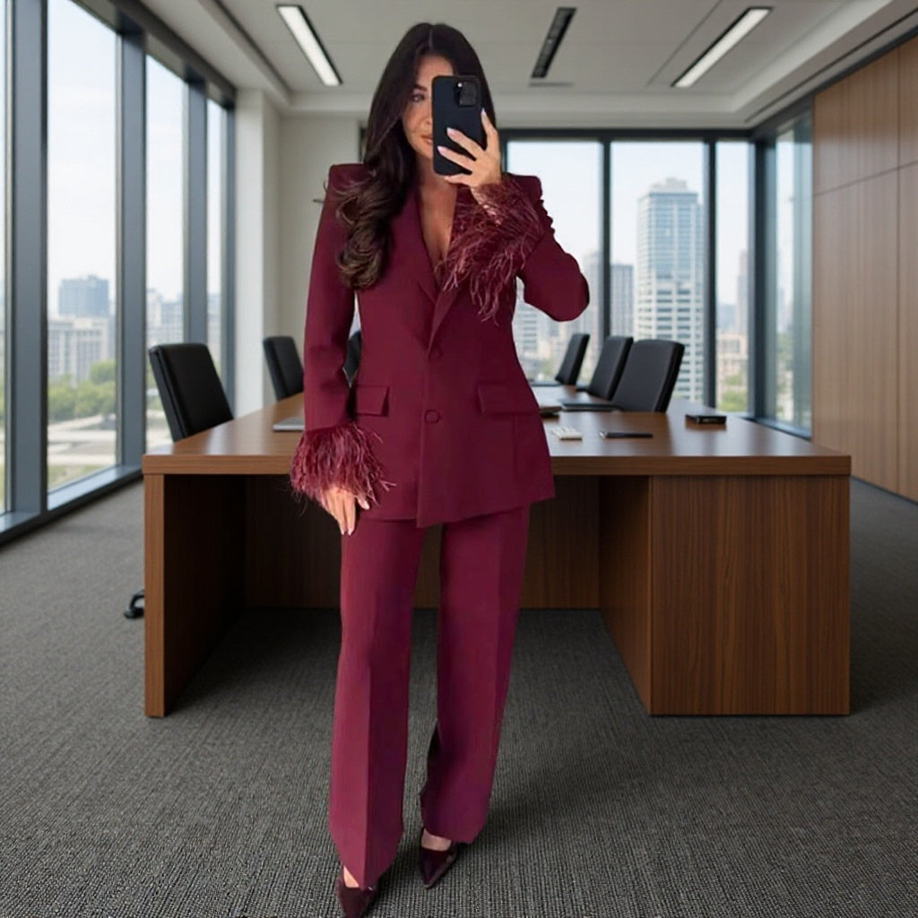 Women's Tailored Suit with Feather Cuffs and Straight-Leg Trousers Fashion Glam