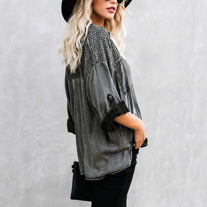 Women's Oversized Denim Blouse with Quilted Yoke, Button Placket and Patch Chest Pockets Fashion Glam