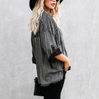 Women's Oversized Denim Blouse with Quilted Yoke, Button Placket and Patch Chest Pockets Fashion Glam