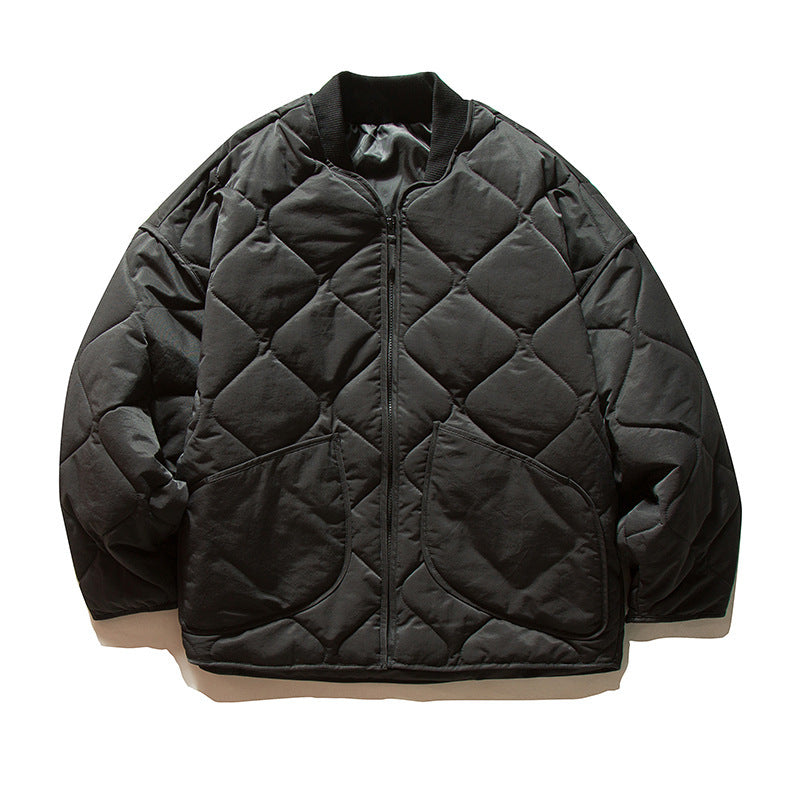 Unisex Lightweight Boxy Puffer Jacket with distinctive diamond quilting, front round pockets, and ribbed collar Fashion Glam