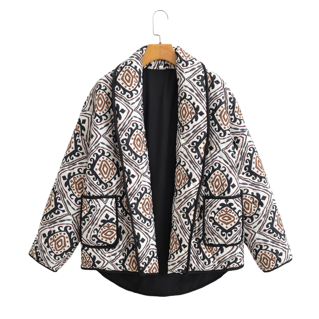 Women's Oversize Quilted Short Jacket in Kimono Style with Ethno Pattern Fashion Glam